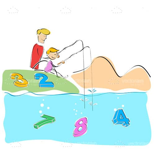 Illustrated Parent and Child Fishing for Numbers